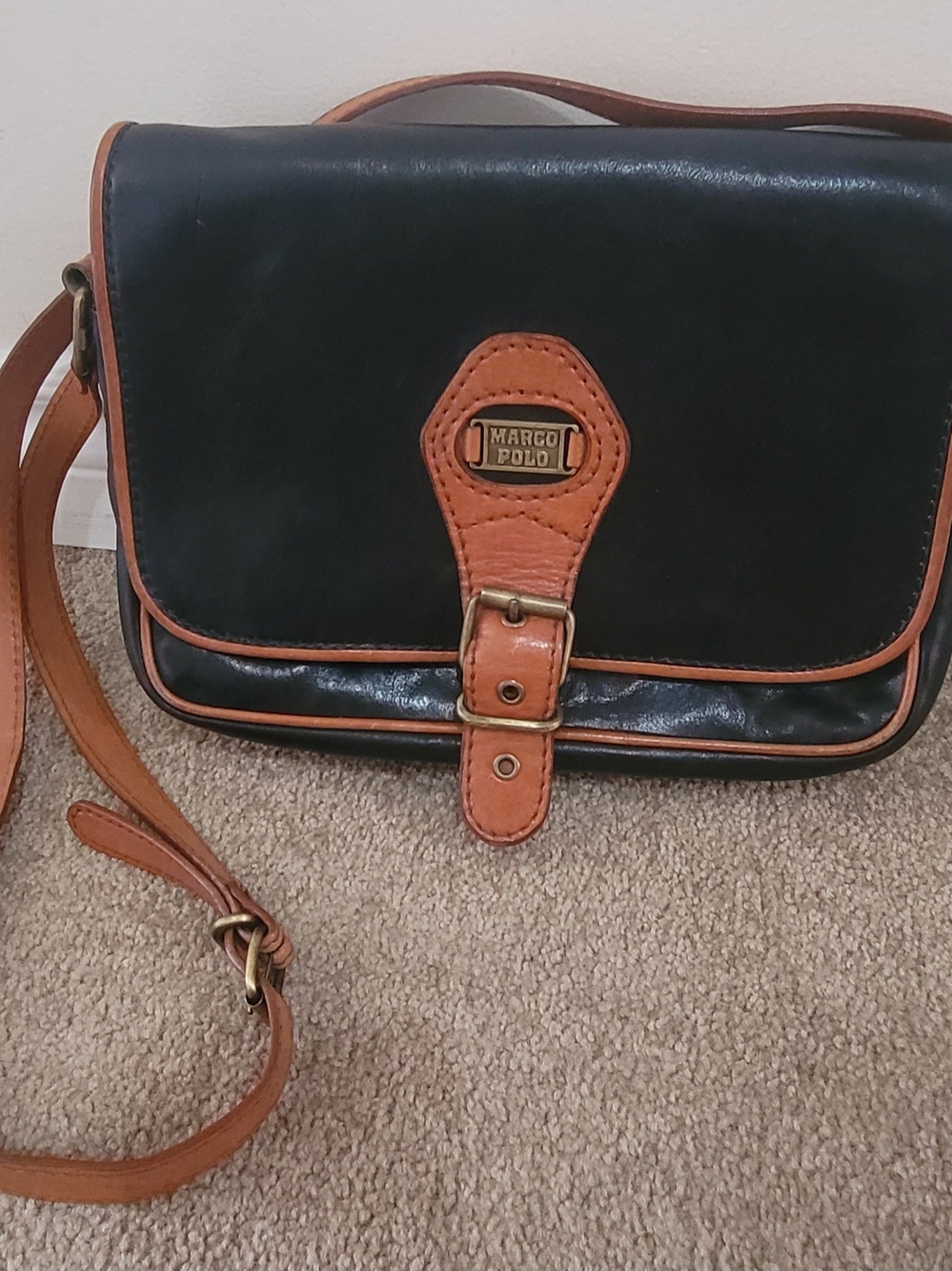 Marco Polo Black and Tan Leather Crossbody Satchel